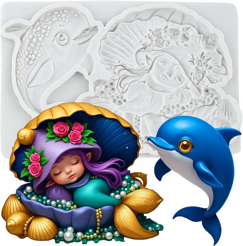 TAOXIBEI Mermaid Silicone Molds Mermaid Dolphin Seashell Polymer Clay Mold for DIY Crafts Epoxy Resin Casting Air Dry Polymer Clay Plaster Jewelry Making - Image 1